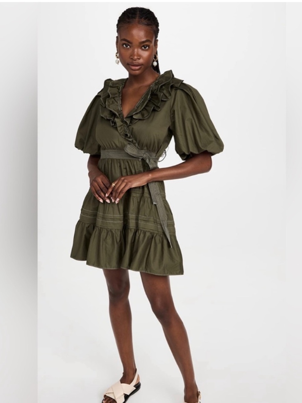 NWT En Saison Gianna Ruffle Mini Wrap Dress in Olive Green Size S
